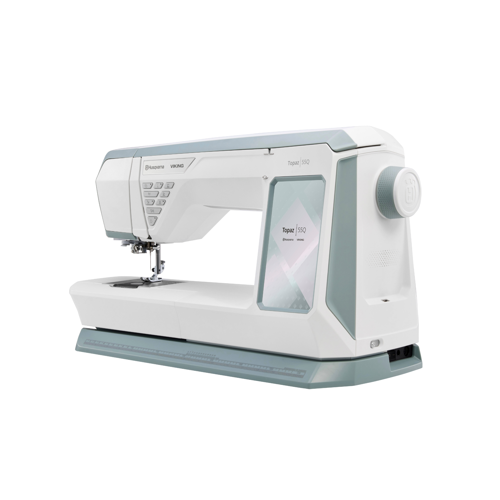 White and gray sewing machine on a white background