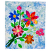 Colorful floral arrangement on a textured blue and white background