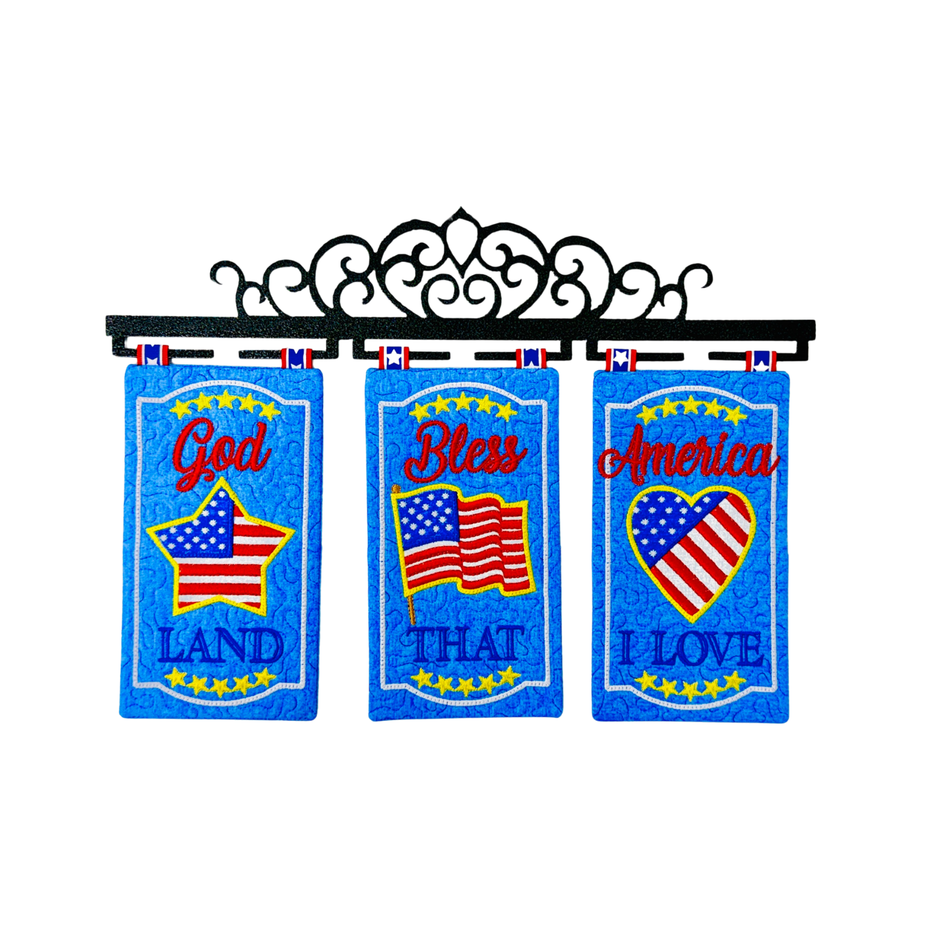 Decorative banner with patriotic phrases and symbols on a white background