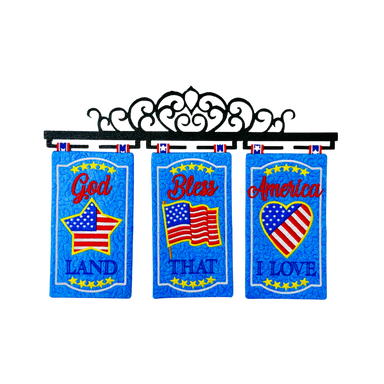 Decorative banner with patriotic phrases and symbols on a white background