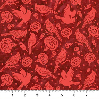 Red cardinal birds and floral patterns on a red background with a ruler at the bottom.