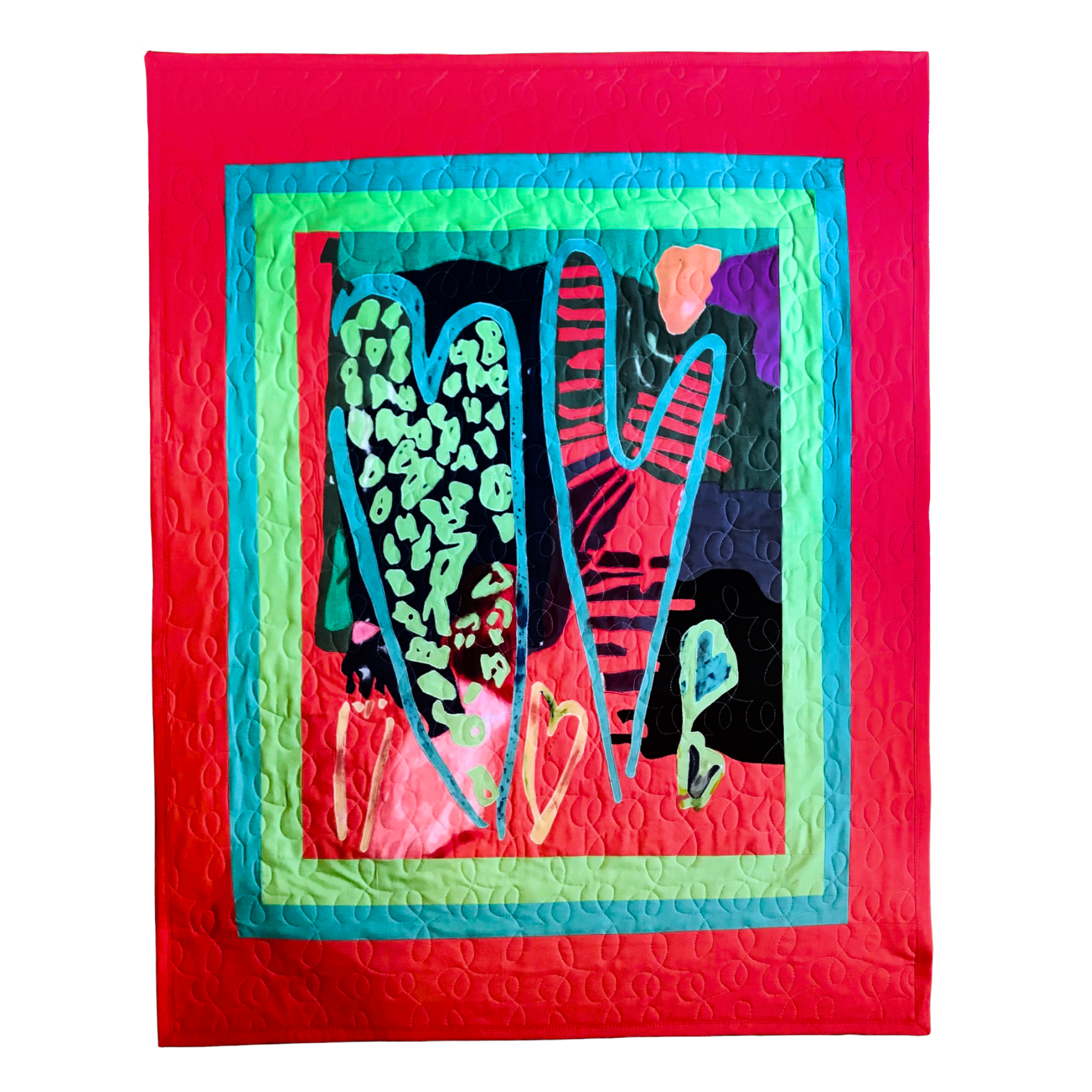 Colorful quilt with abstract design and 'LOVE' text on a red background