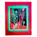 Colorful quilt with abstract design and 'LOVE' text on a red background