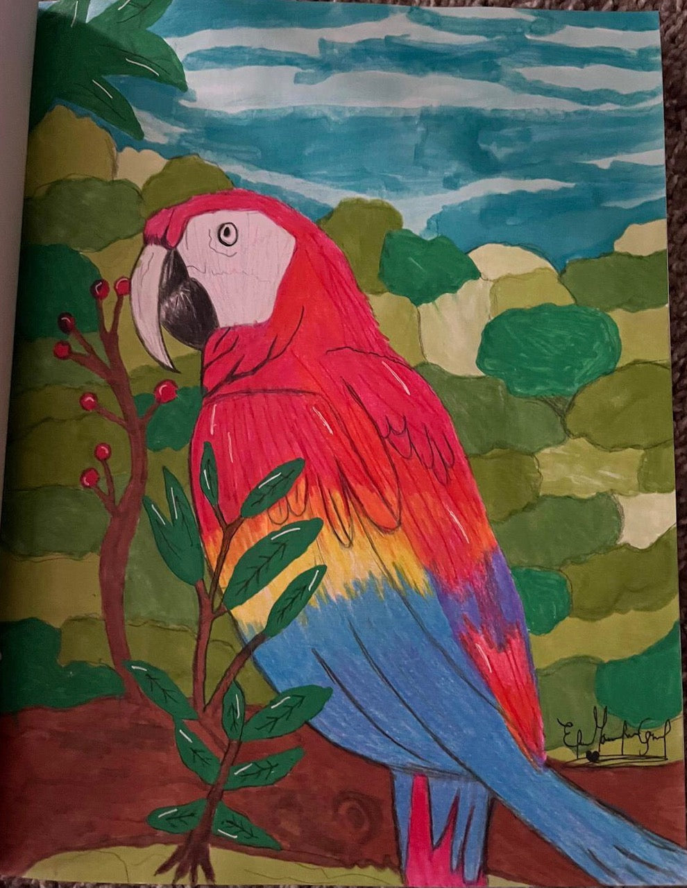 Colorful parrot illustration on a leaf with a natural background