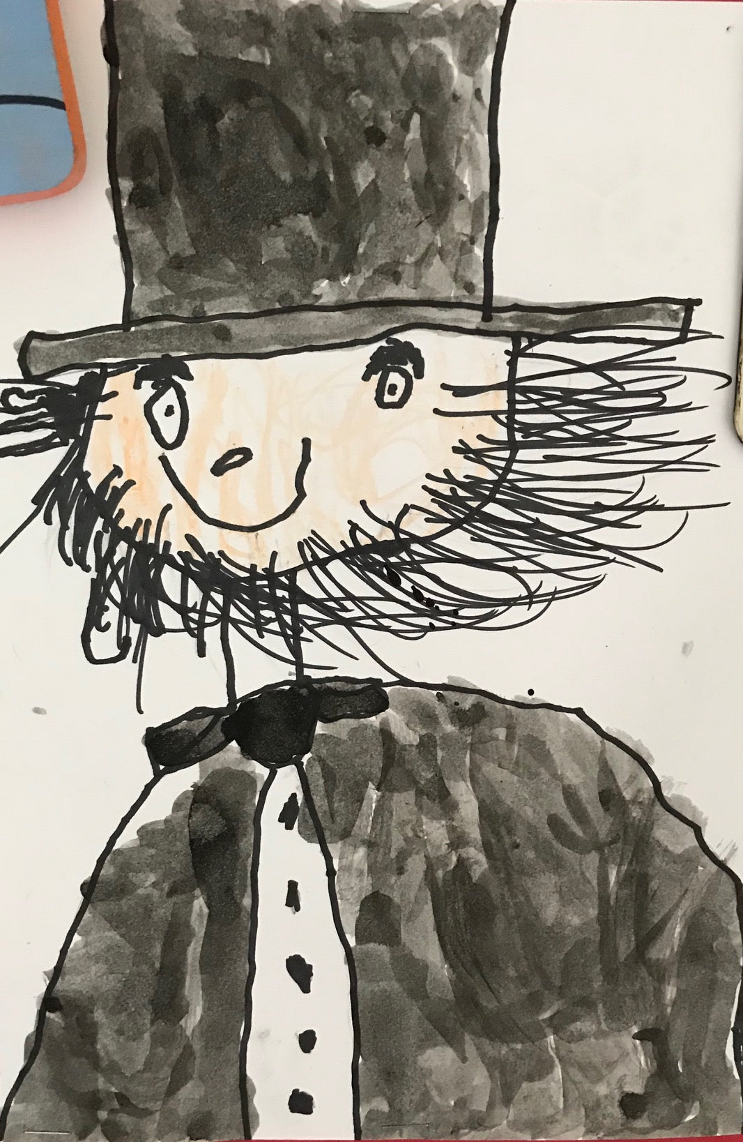Hand-drawn illustration of a character with a top hat and beard on a white background