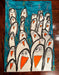 Children's drawing of penguins on a blue and white background