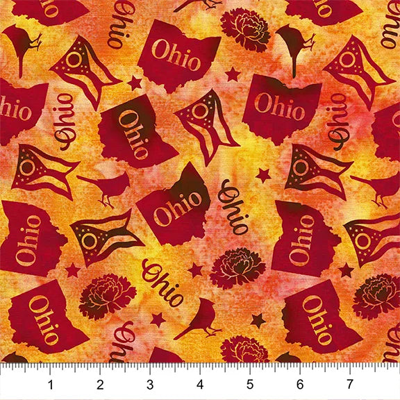 Ohio-themed fabric pattern with state shapes, flags, and floral elements on a yellow background, measured with a ruler.