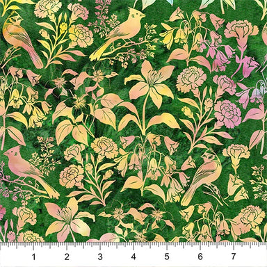 Floral and bird pattern on a green background with a ruler at the bottom.