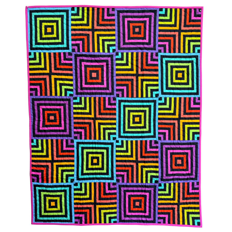 Colorful geometric patterned rug with vibrant squares on a white background