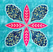Decorative design with pink and blue floral patterns on a textured blue background