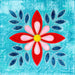 Decorative flower design with red and pink petals on a blue textured background