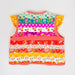 A colorful sleeveless baby vest with ruffle sleeves, featuring a vibrant horizontal striped patchwork design of floral and patterned fabric panels, set against a plain white background.