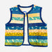 A sleeveless quilted vest with horizontal striped panels in navy blue, teal, yellow, and beige, featuring various animal and bird patterns, laid flat on a white background.