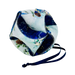 A fabric drawstring pouch with a light blue and navy blue winter forest print, featuring pinecones and white flowers, with a navy blue drawstring cord.