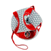 A small soft fabric cap or pouch with a red and white geometric pattern, red trim, and printed cartoon graphics, shown on a plain white background.