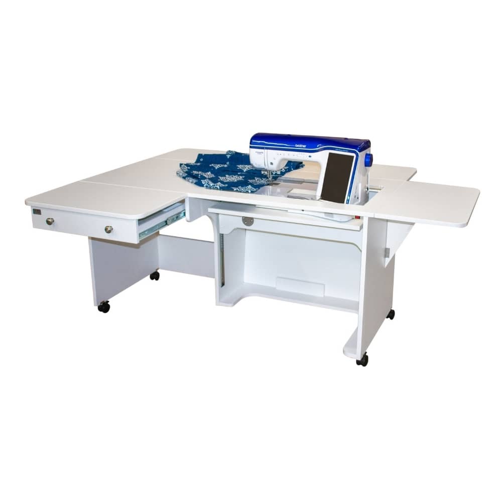 Sewing machine on a white table with a white background