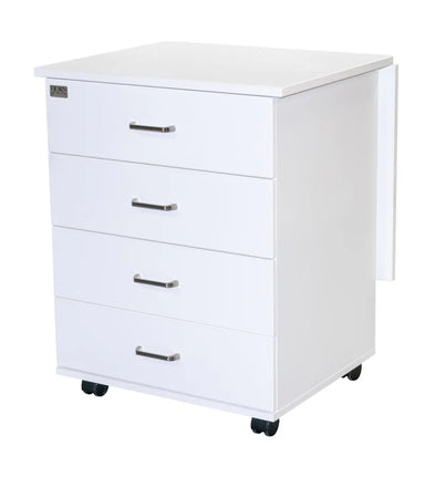 White three-drawer filing cabinet on wheels with metal handles on a white background