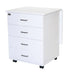 White three-drawer filing cabinet on wheels with metal handles on a white background