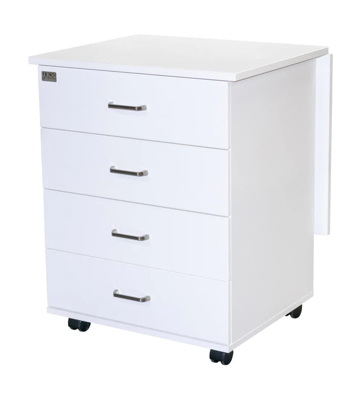 White three-drawer filing cabinet on wheels with metal handles on a white background