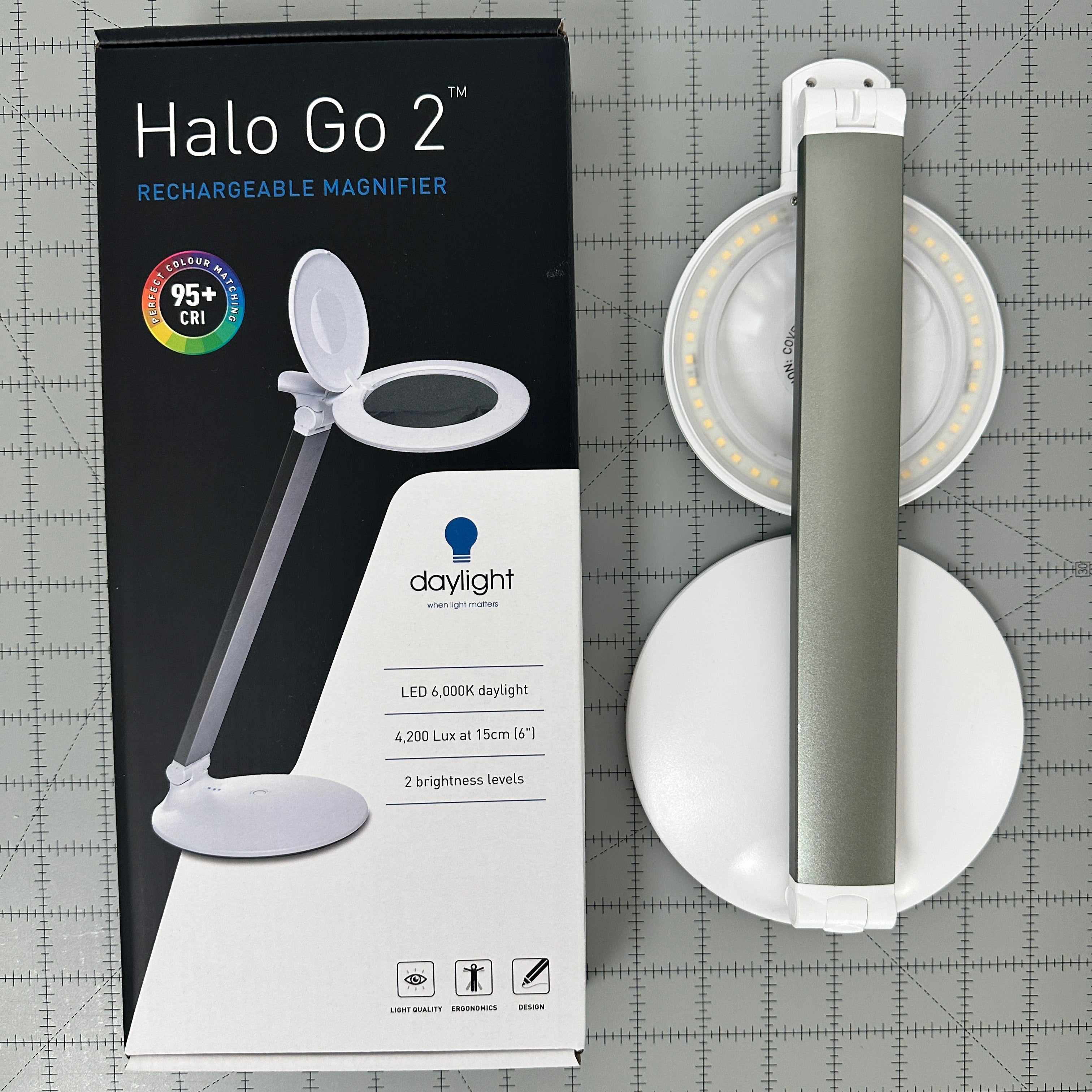 Dovewill Halo Go 2 LED flexible light on a gray grid background