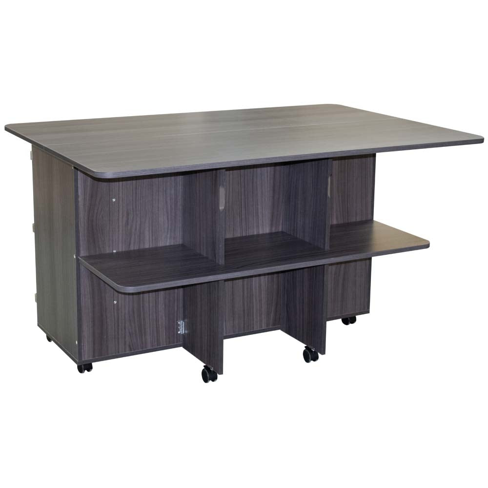 Gray office desk with shelves on a white background