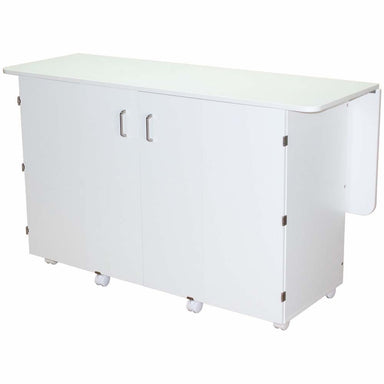 White storage bench with a flat top and two small doors on a white background