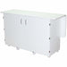 White storage bench with a flat top and two small doors on a white background