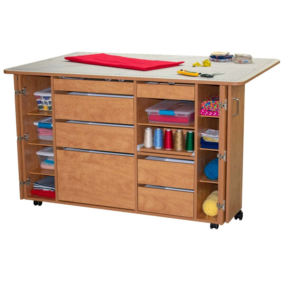 Wooden craft table with storage drawers and shelves on a white background