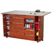 Wooden craft table with storage drawers and shelves on a white background