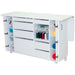 White sewing cabinet with open doors revealing various sewing supplies on a white background