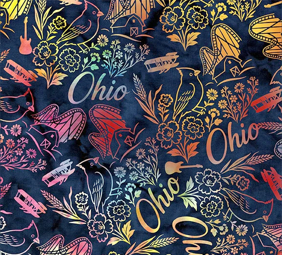 Colorful pattern with 'Ohio' text and nature elements on a dark background, with a ruler at the bottom.