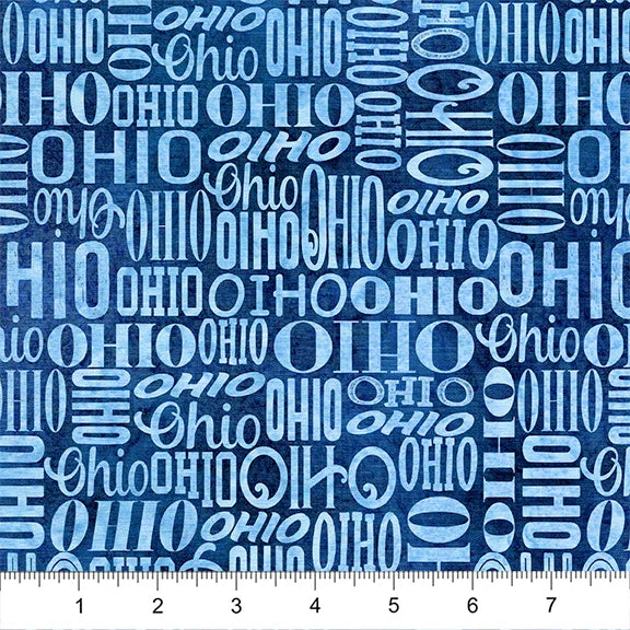 2026 All Ohio Shop Hop Fabric Preview - Ohio Words Blue | Quilt Beginnings