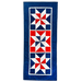 A vintage-style quilt runner featuring three vertical panels with red, white, and blue starburst patterns, finished with a wide blue border.