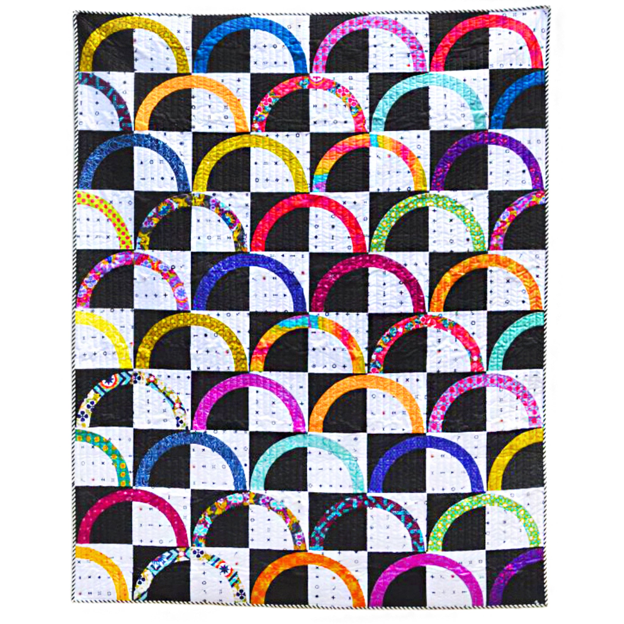 A square quilted textile featuring a black and white checkerboard pattern with repeating colorful semicircle arcs in many bright hues, photographed flat against a white background.