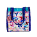 Colorful floral-patterned tote bag with blue accents on a white background