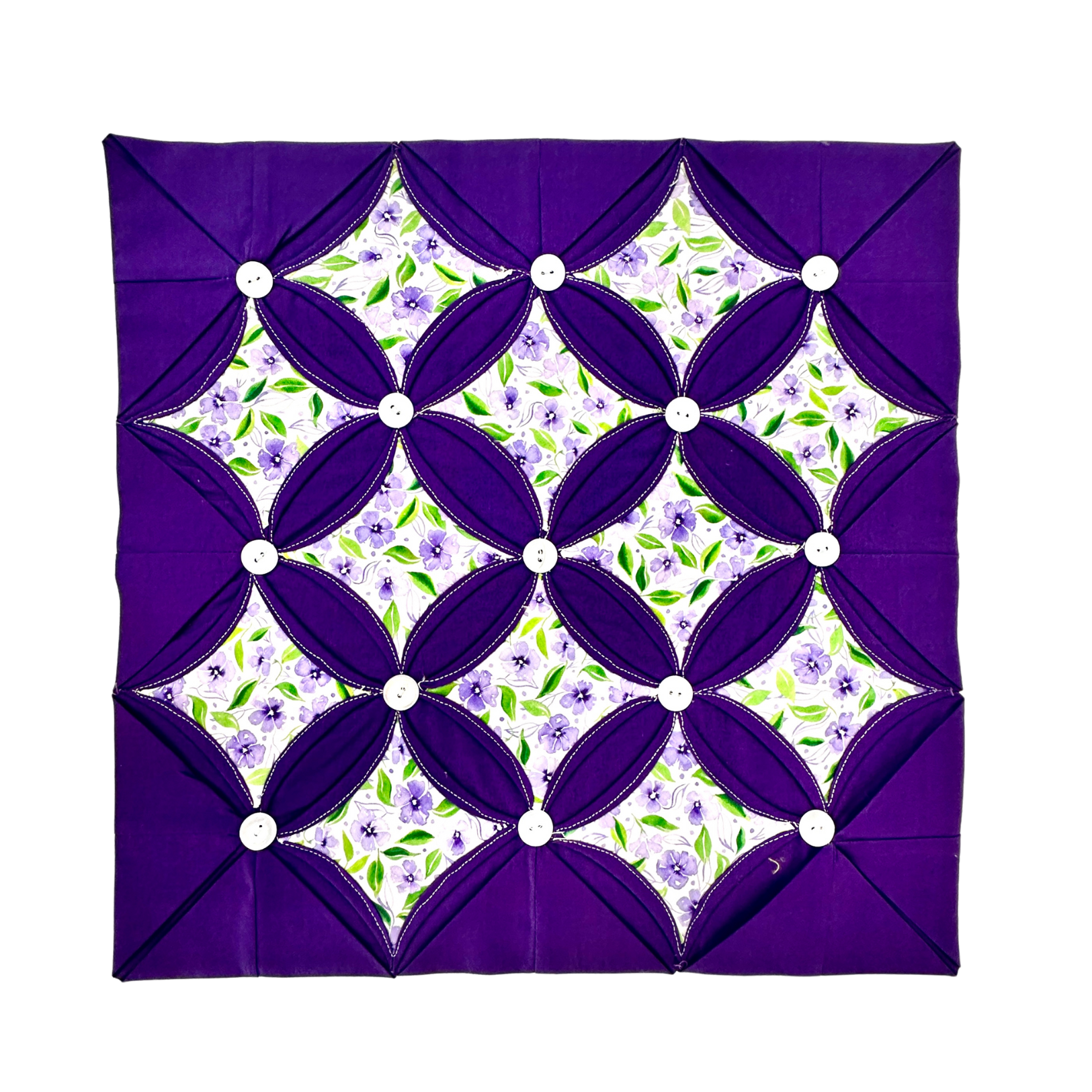 Purple floral patterned fabric with a white border on a white background