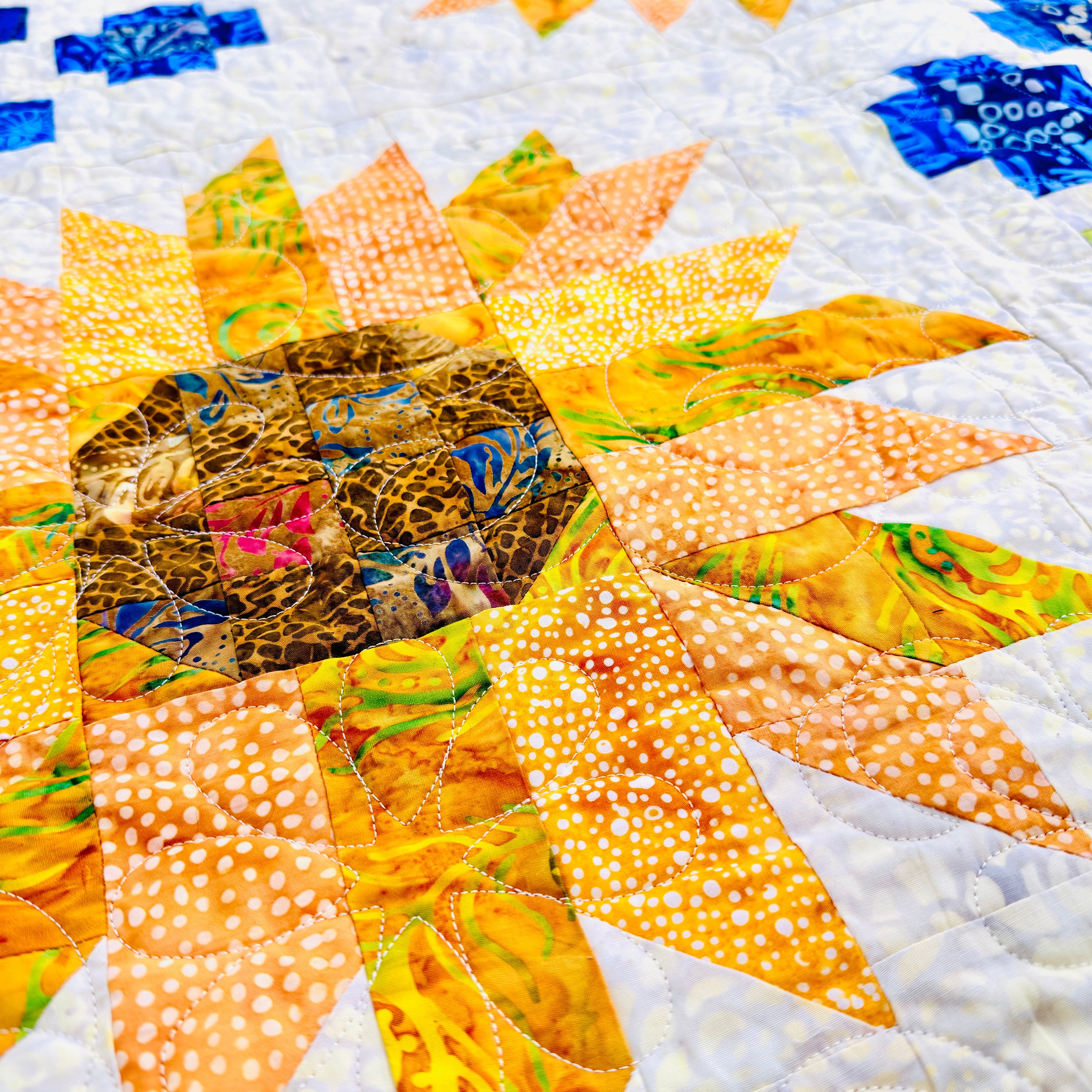 Quilt with sunflower pattern on a white background