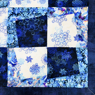 A close-up of a quilted fabric panel with a patchwork design in shades of blue, navy, and cream. The pattern features floral prints, swirling floral embroidery, and solid dark blue sections, framed by a dark blue border.