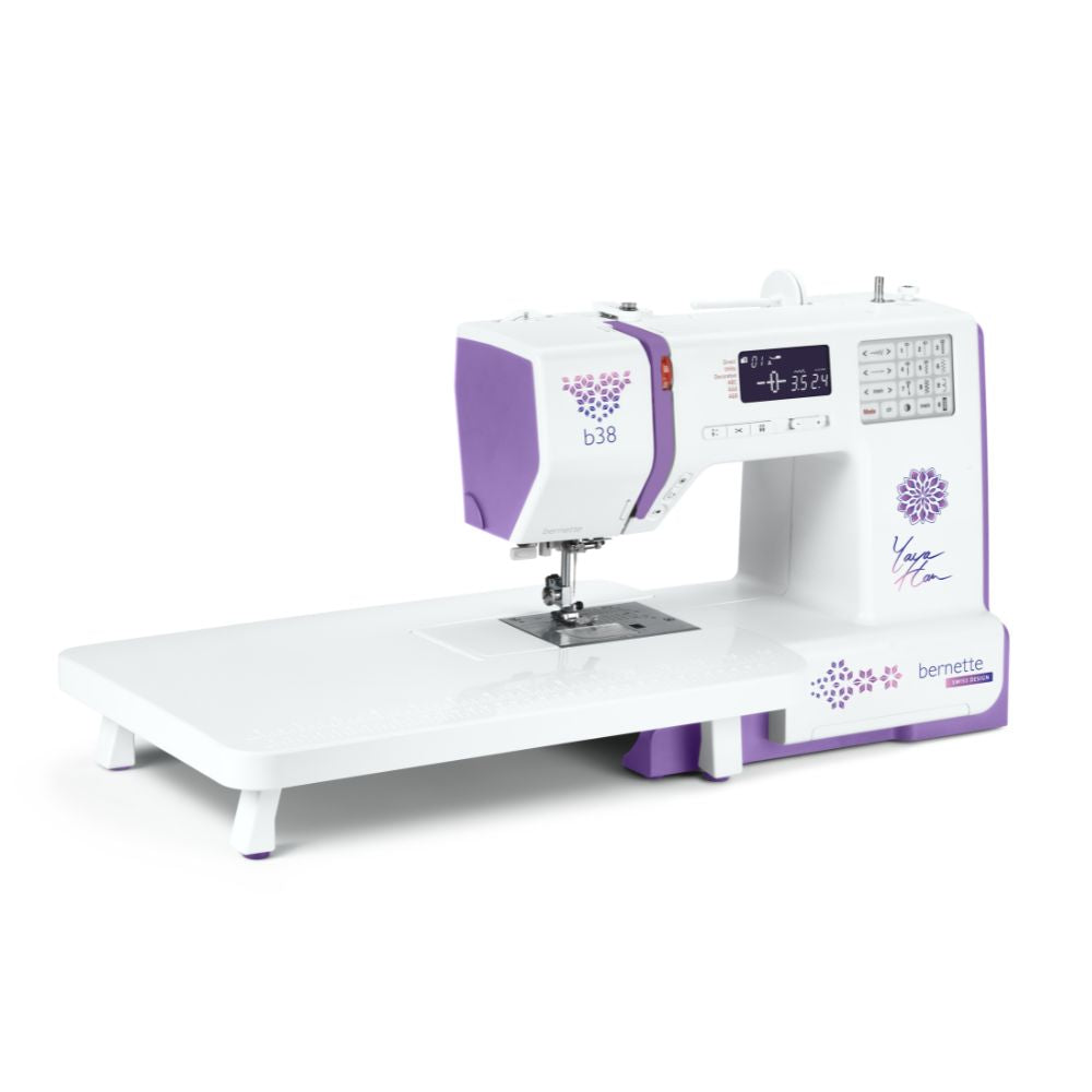 Sewing machine with a white and purple design on a white background