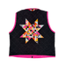 Black quilted vest with a colorful star pattern on a white background