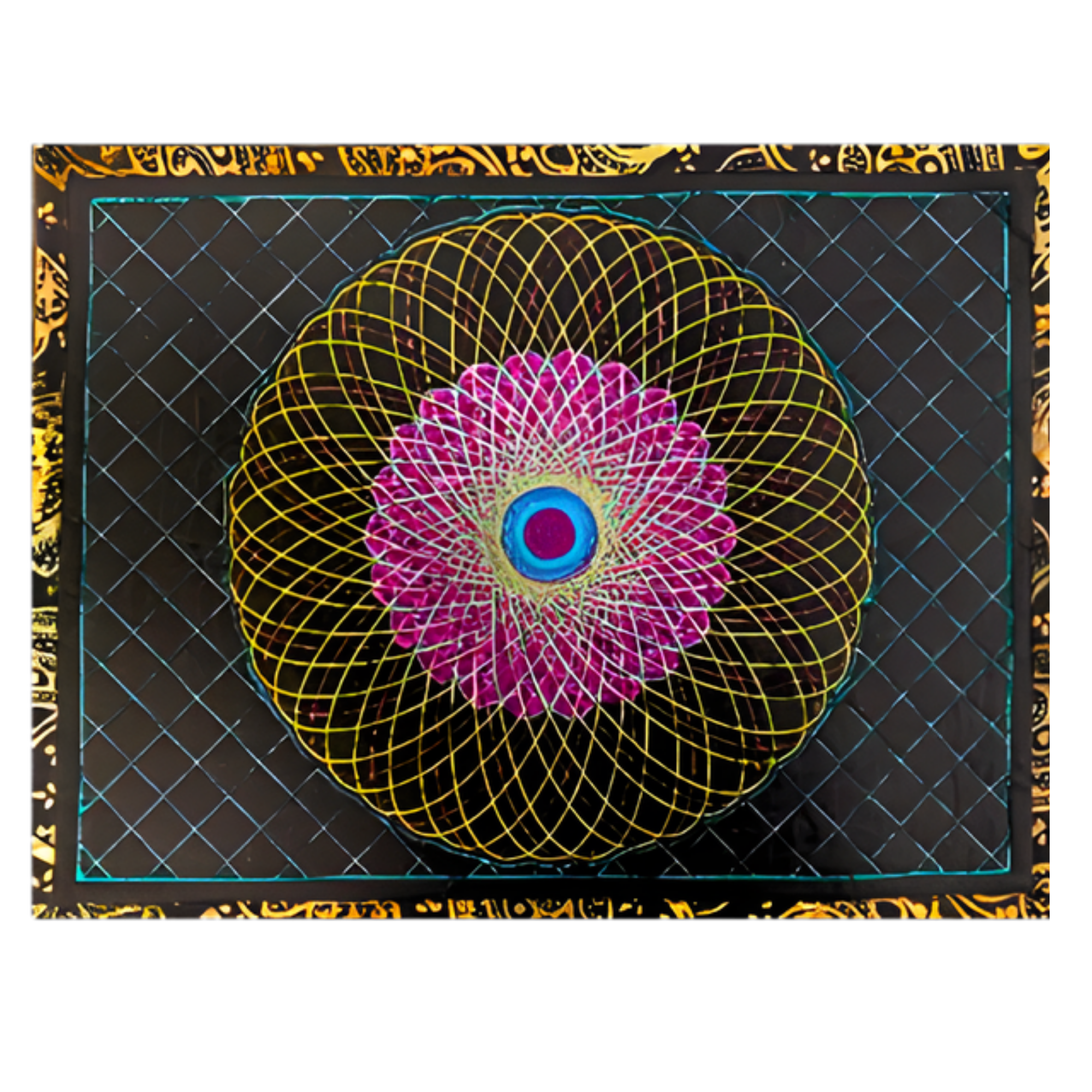 Decorative mat with a geometric circular design featuring pink, yellow, and blue colors on a black background.
