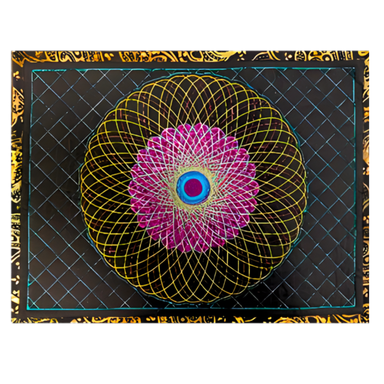 Decorative mat with a geometric circular design featuring pink, yellow, and blue colors on a black background.