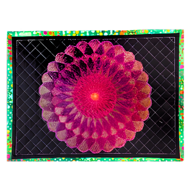 Colorful mandala design on a black background with a colorful border