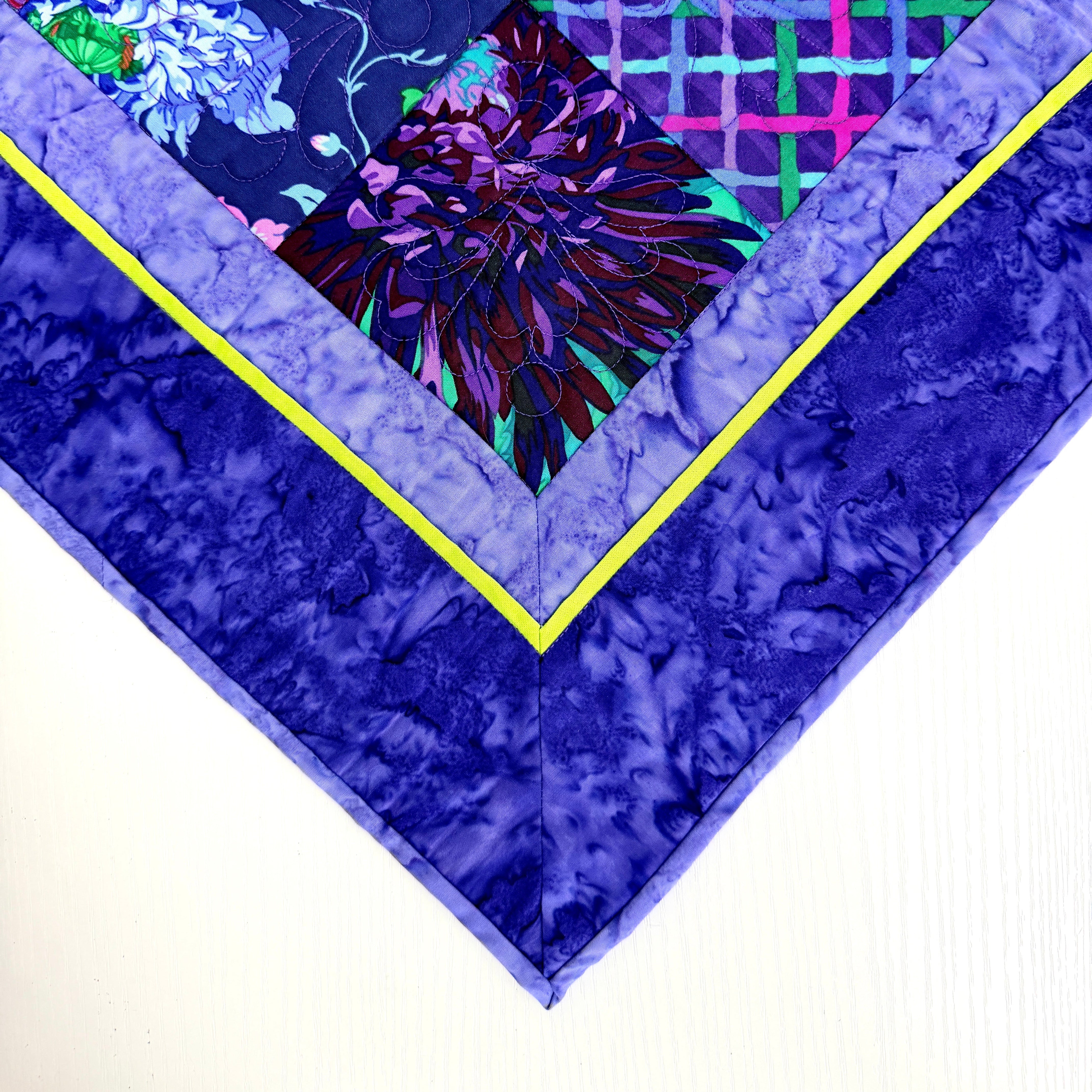 Colorful quilt with floral patterns on a white background