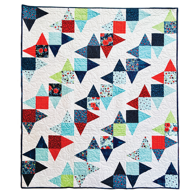 Colorful quilt with geometric pattern on a white background